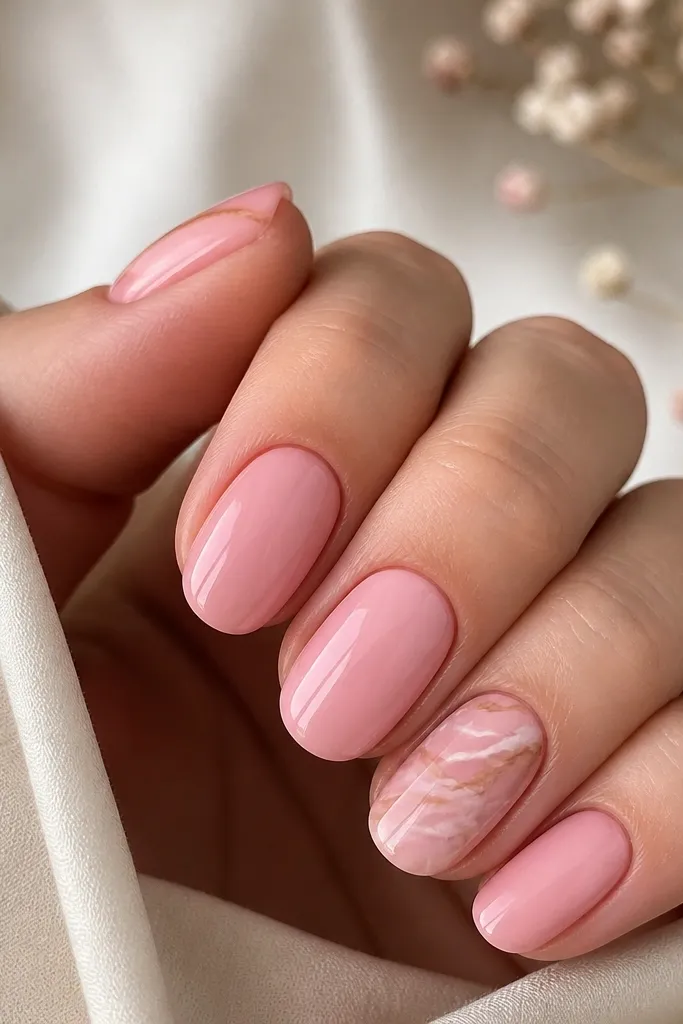 Four nails in solid soft pink glossy gel, one accent nail with thin marble veins in milky white and warm taupe over the same soft pink base; clean cuticle line.