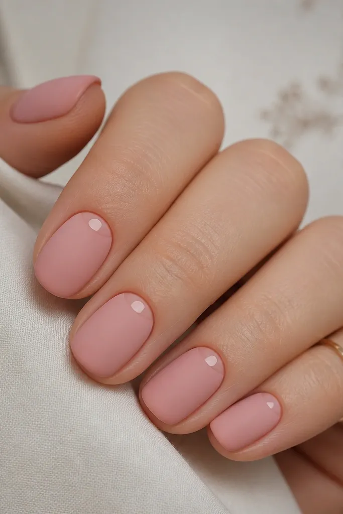 Nails are matte warm soft pink. Each nail has a thin glossy crescent around the cuticle area, like a halo, with the rest of the nail remaining matte.