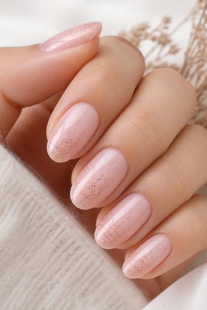 Soft pink glossy nails with tiny speckles in warm beige and light brown scattered near the center and tips; subtle, like cinnamon dust.