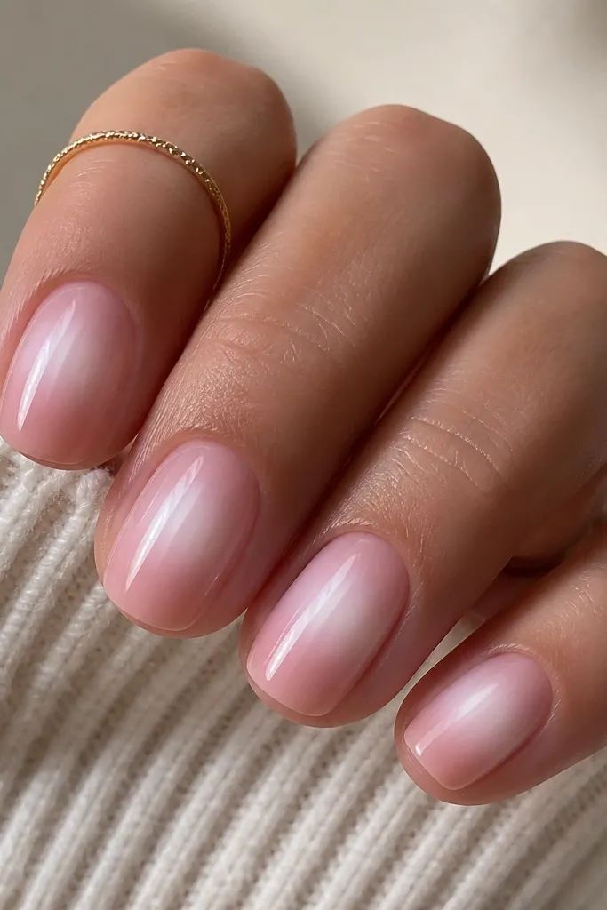 Warm soft pink base with a milky white aura glow centered on each nail, fading outward softly; glossy finish.