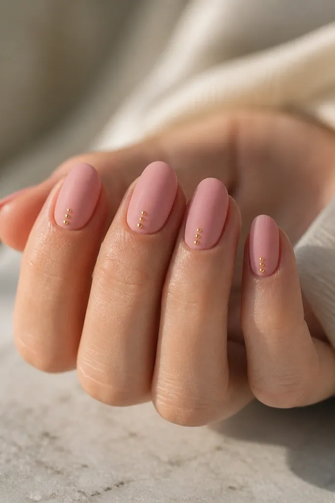 Matte soft pink nails with 2-3 tiny gold dots on each nail, placed near the center and slightly toward the cuticle; matte texture is visible.