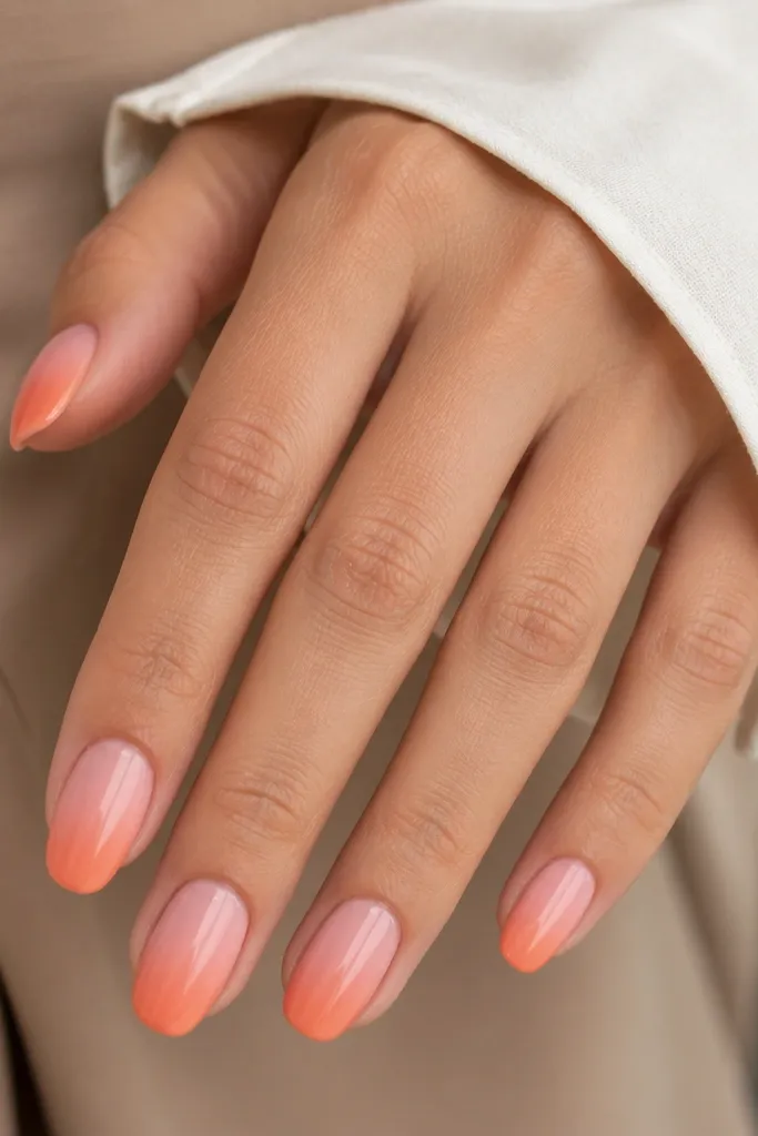 Ombre nails that start warm soft pink at the cuticle and blend into peachy warm tips; glossy finish with a smooth gradient.