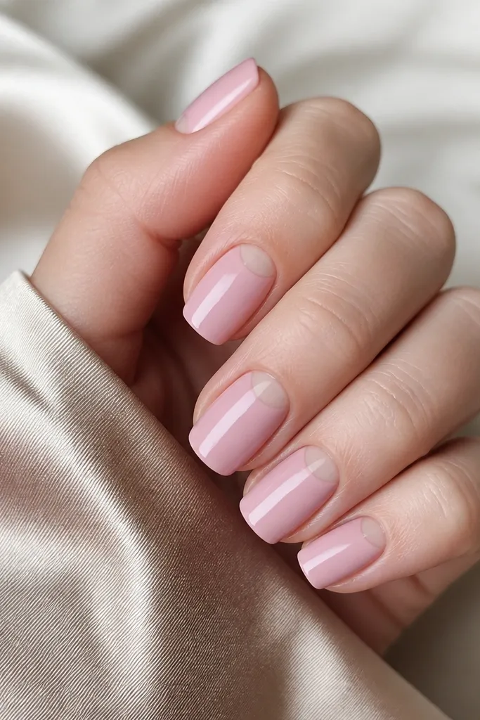 Soft pink nails with a sheer blush half-moon cuticle area in a slightly different tone, creating a subtle contrast; glossy finish.