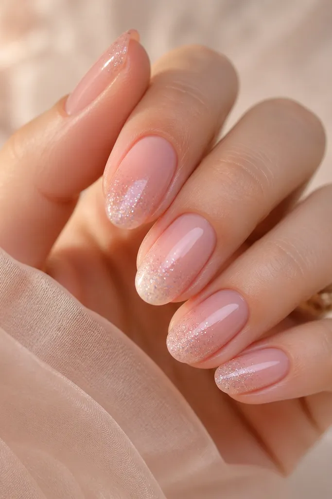 Warm soft pink nails with a gentle glitter fade concentrated at the tips, using fine shimmer that looks like light sparkle dust; glossy finish.