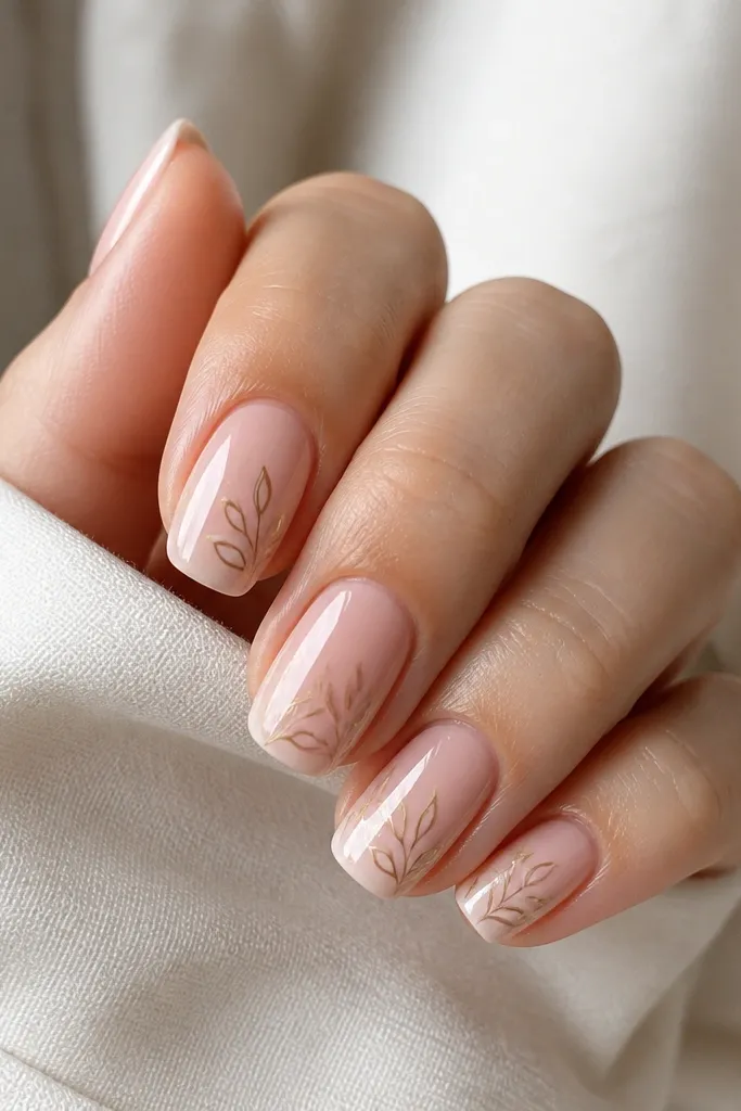 Soft pink glossy nails with delicate thin line leaves in warm taupe and pale gold, placed near the side of each nail; minimal and airy.