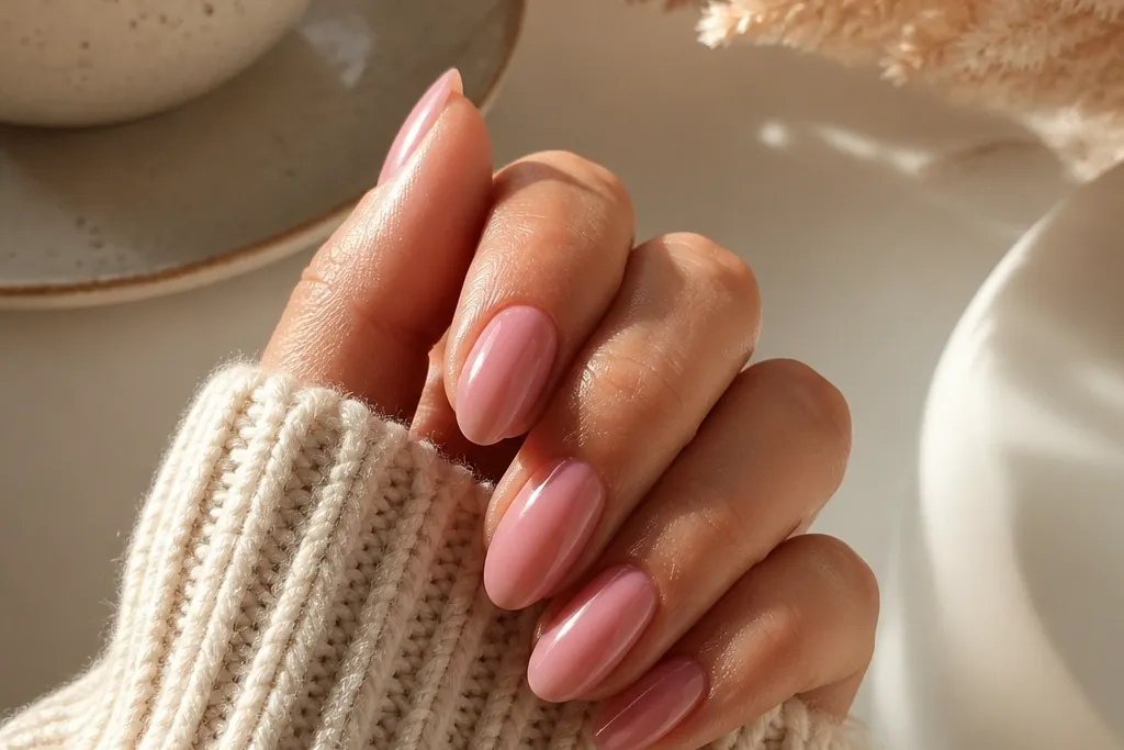 Cozy warm soft pink gel nails for year round wear