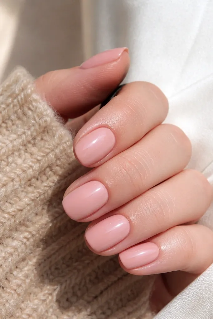 Cozy warm soft pink gel nails for year round wear