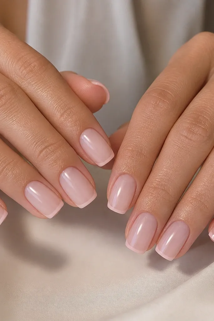 Hands with short-to-medium square nails, milky blush pink base that looks semi-sheer, high-gloss top coat, cuticle line neat and centered, no nail art except a tiny brighter blush at the tip edge.