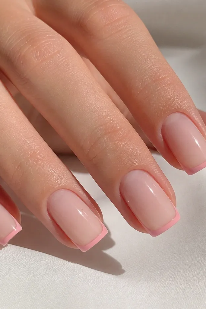 Square nails with sheer nude-pink base and a fine French tip line in soft rose, about 1mm wide, crisp and straight, glossy finish, no glitter.