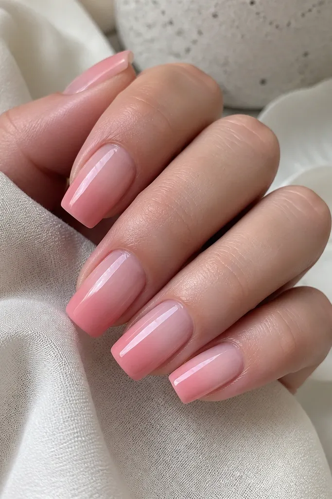 Square nails with smooth ombre from sheer pink near the cuticle to slightly deeper blush at the free edge, no harsh lines, glossy top coat, very even blending.