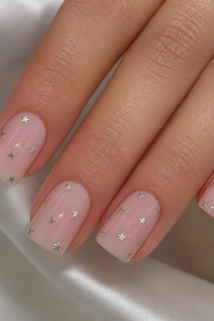 Square nails with sheer pink base and scattered tiny silver star confetti that looks embedded and flat, glossy top coat, stars are small and evenly spaced.