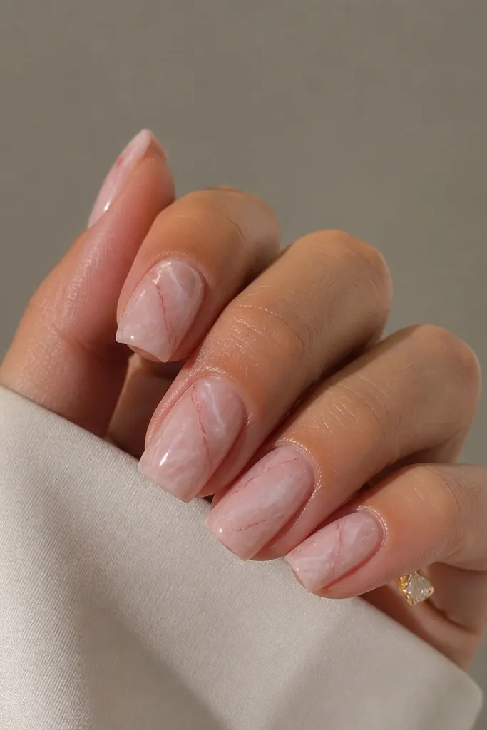 Square nails with mostly clear-to-sheer pink base and faint marble veining in pale rose and white, thin lines, glossy finish, natural look.