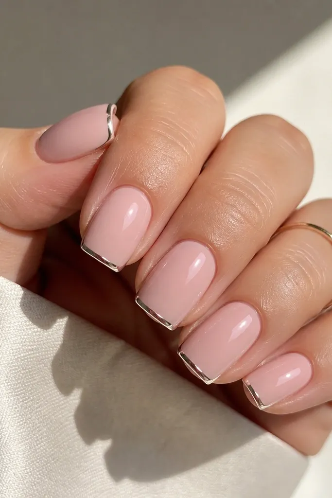 Square nails with rose milk pink base and a thin chrome line just along the free edge, like a micro halo, glossy top coat, chrome is reflective but narrow.