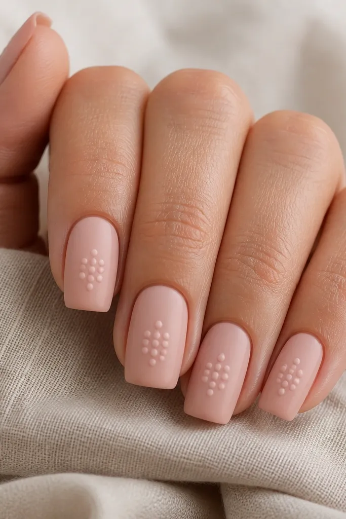 Square nails with soft blush pink base and matte finish, with small clusters of raised-looking dots in slightly lighter pink near the center of each nail, matte still smooth.
