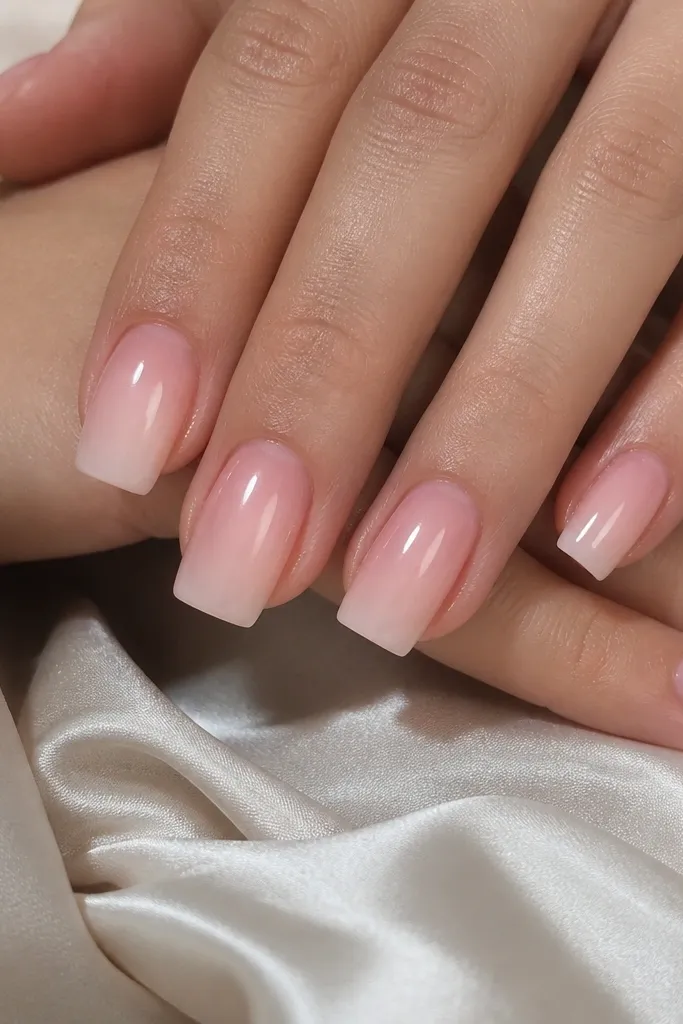 Square nails with sheer pink base and a soft glowing aura in the center, like a pale spotlight, edges fade out, glossy finish.