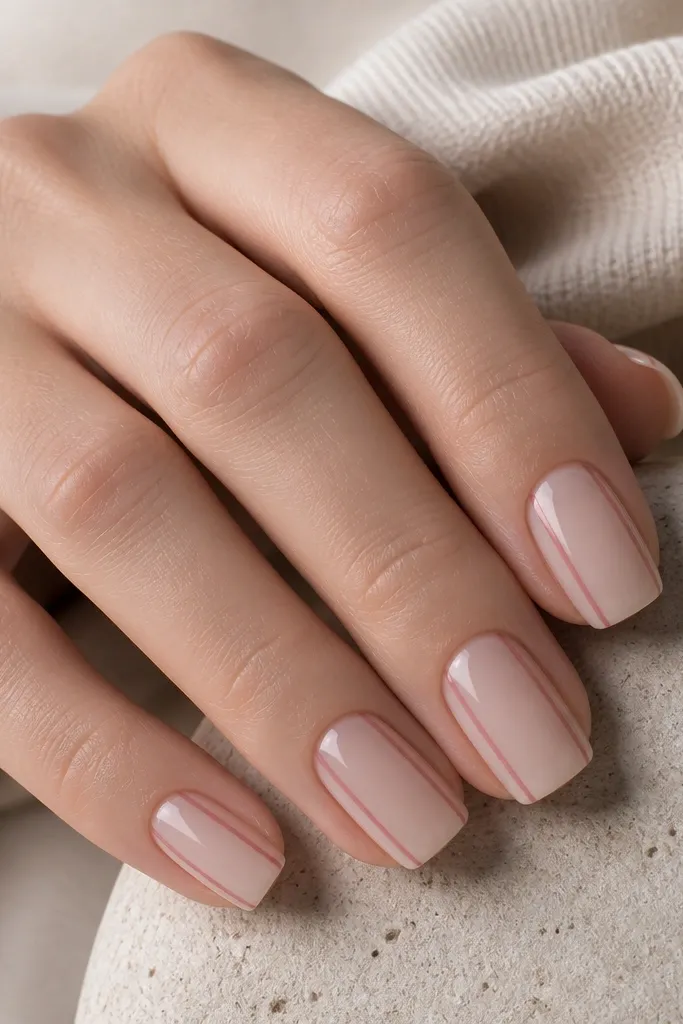 Square nails with nude-pink base and two fine soft-rose lines running vertically near each sidewall, leaving the center clean, glossy finish.