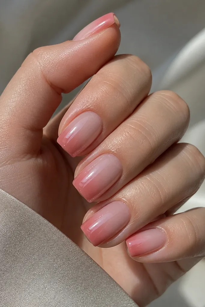 Square nails with sheer pink base and a glazed, slightly darker pink ring concentrated at the free edge, glossy, with a smooth reflective look.