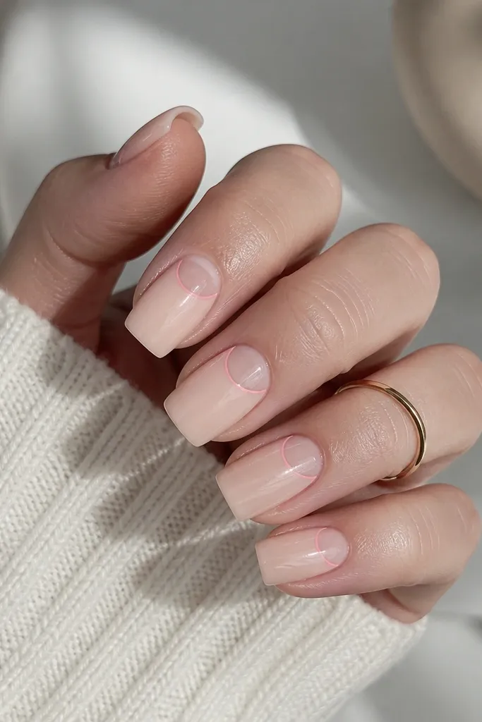 Square nails with sheer nude base, a clean negative-space half-moon at the cuticle, and a soft blush outline around it, glossy finish.