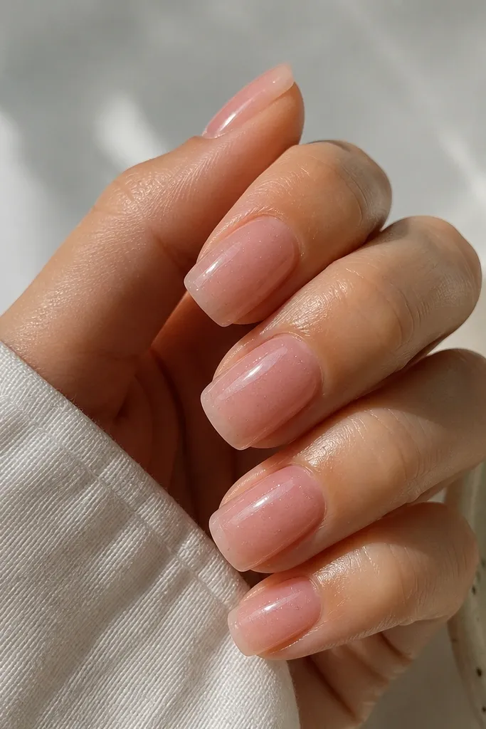 Square nails with semi-translucent soft pink "jelly" look, tiny pearl dust suspended inside, glossy top coat, no chunky pieces.