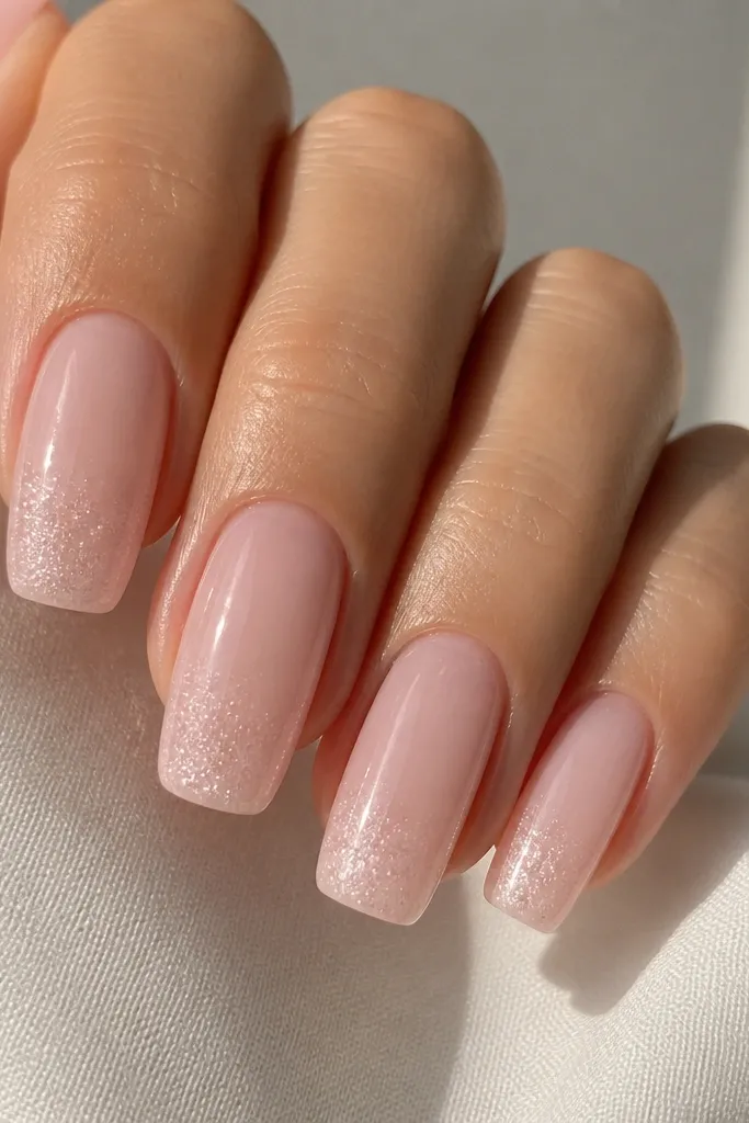 Five nails with a sheer milky-ballet pink base. The shimmer fades from almost invisible at the cuticle to a smooth, fine sparkle concentrated at the tips, with clean sidewalls and a glossy finish.