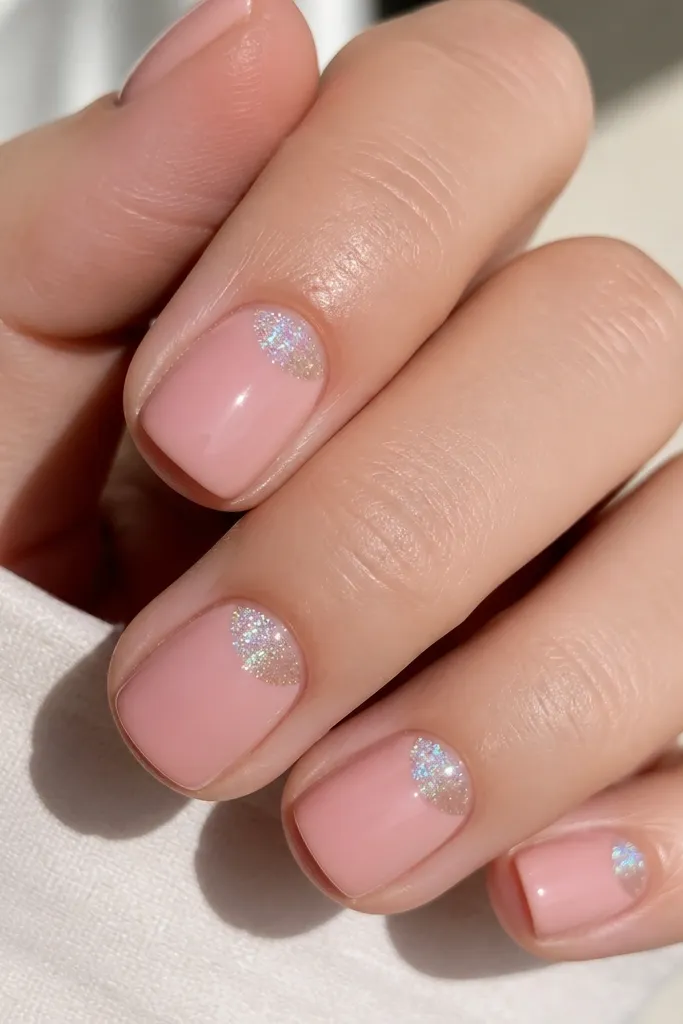 Short square nails in a rosy blush pink. The half-moon near the cuticle is filled with a subtle holographic dust that shifts teal and pink under light, while the rest stays plain glossy pink.