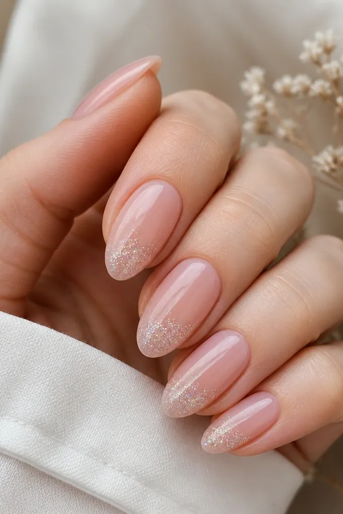 Medium almond nails with a soft pink nude base. A diagonal band of fine iridescent glitter runs from lower left near the sidewall up toward the center, with a smooth gradient edge and glossy top coat.