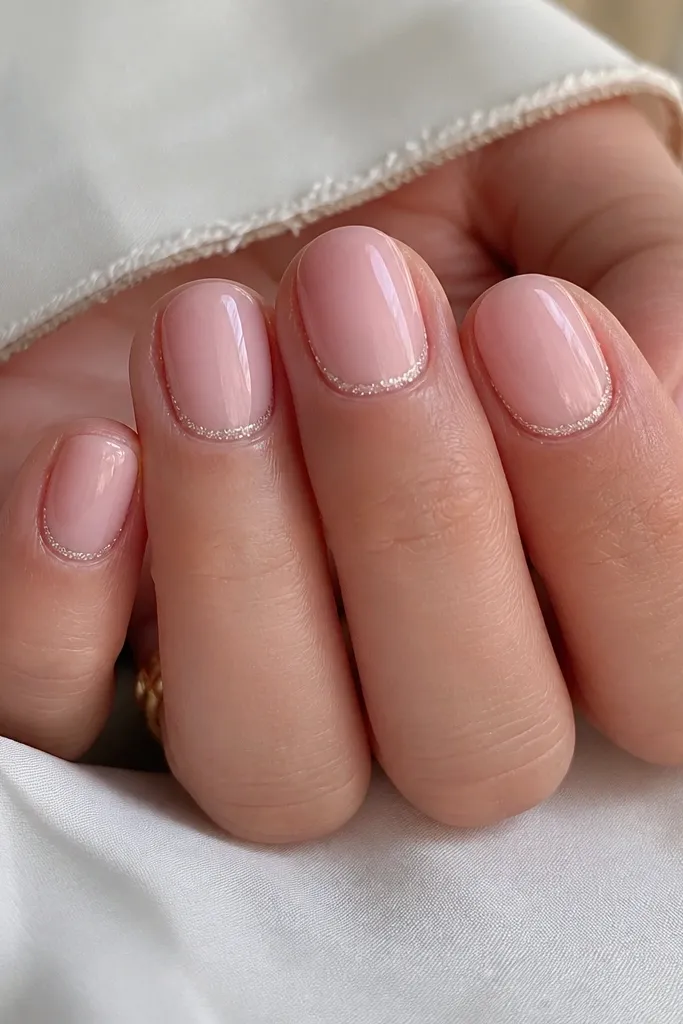 Short rounded nails with a milky pink base. A thin halo of fine glitter wraps the cuticle like a delicate ring, leaving a tiny gap between glitter and skin, and everything is shiny and smooth.