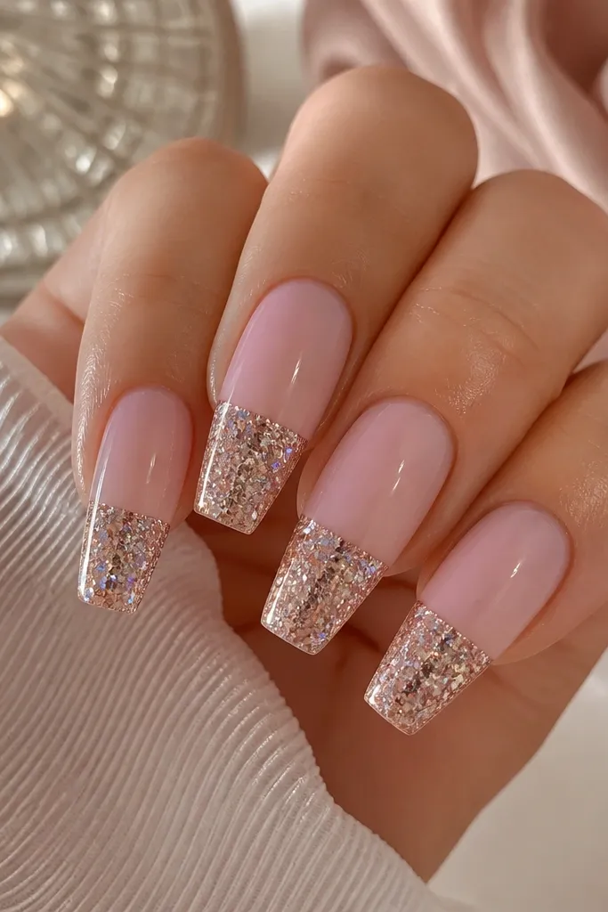 Medium coffin nails with a glossy soft pink base. The tips are covered in chunky glitter, separated from the pink by a sharp, straight horizontal line for a bold French-style look.