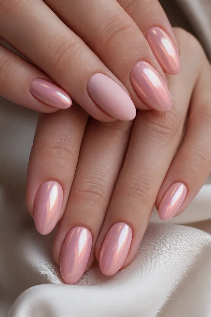 Short almond nails with glossy soft pink base and a pink chrome shimmer overlay on most nails. One accent nail is matte soft pink (no shimmer) while the rest are glossy, creating a contrast sheen.