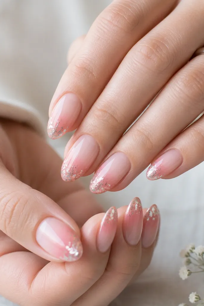 Medium oval nails with a smooth soft pink gradient that gets slightly deeper toward the tips. Small silver foil flakes cluster at the free edge like confetti, with a glossy finish.