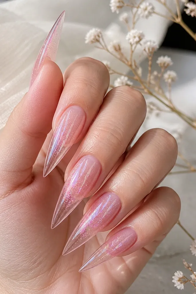 Long stiletto nails with a glossy sheer jelly pink. Fine glitter forms a soft, suspended look inside the jelly, denser toward the center and fading out toward the edges.