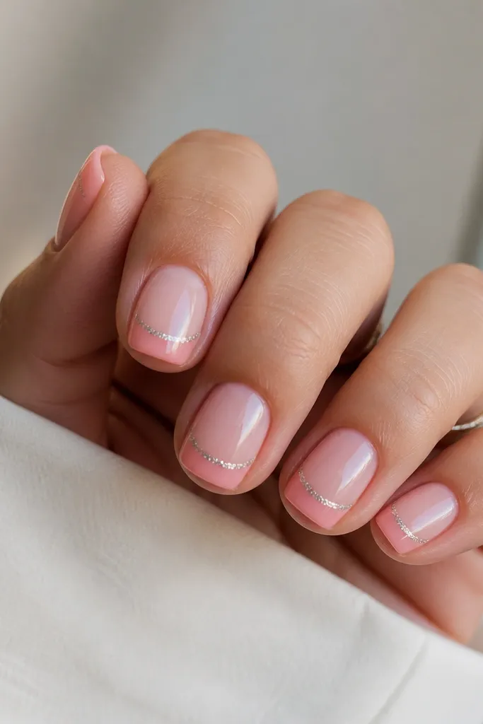 Short square nails with a soft pink base. The French tips are slightly rosy, and there's a thin glitter line sitting just under the French smile, running across each nail.