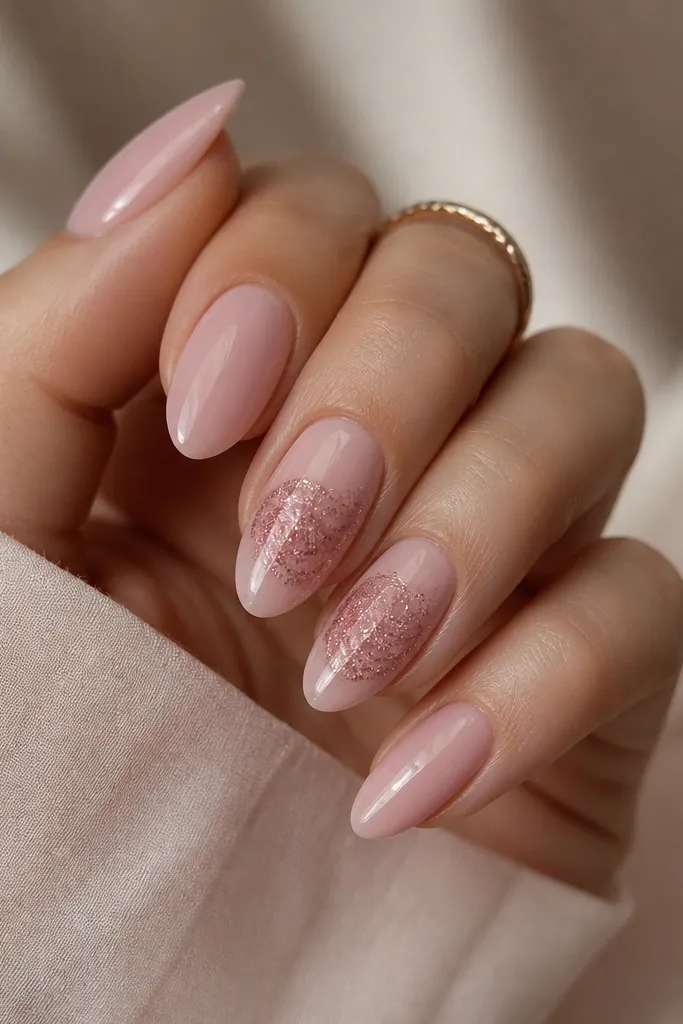 Medium almond nails in a soft blush pink. Two nails have a rose-gold glitter swirl that looks smoky and cloud-like from the center toward the side, with glossy finish.