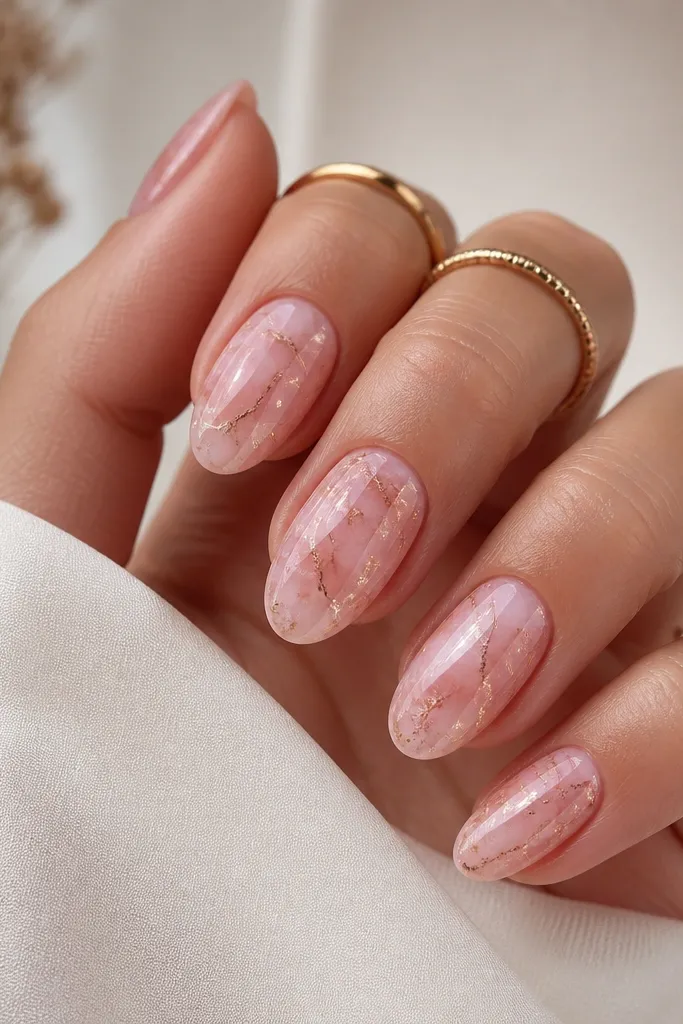 Medium oval nails with soft pink marble swirls. Thin micro glitter veins run through the marble pattern like delicate cracks, all under a glossy top coat.