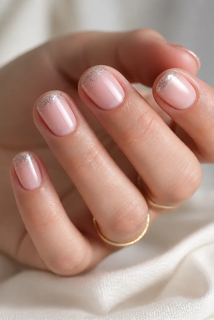 Short rounded nails with a glossy soft pink base. The tips have a stippled border of silver glitter - tiny dots across the edge - with a clean, rounded shape.
