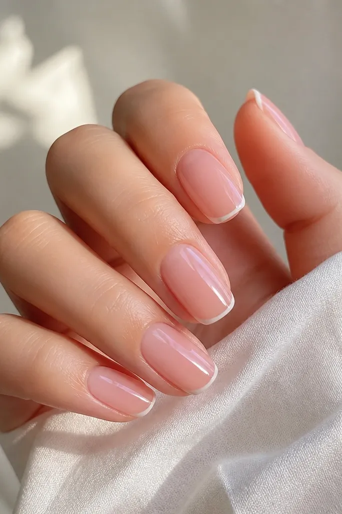 Soft pink nails with a glossy sheer base; a very thin, pale-white tip line sits close to the free edge. Under a small ring light, the tips catch a faint glow, and each nail looks smooth and glassy.