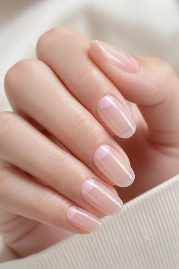 Each nail has a soft pink half-moon near the cuticle. The center looks like a clear jelly window, with a glossy finish reflecting light smoothly.
