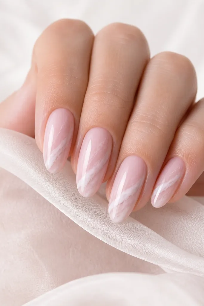 Soft pink nails with faint, flowing marble lines. The veining runs diagonally from the base toward the free edge, mostly in white and pale gray, with lots of glossy shine.