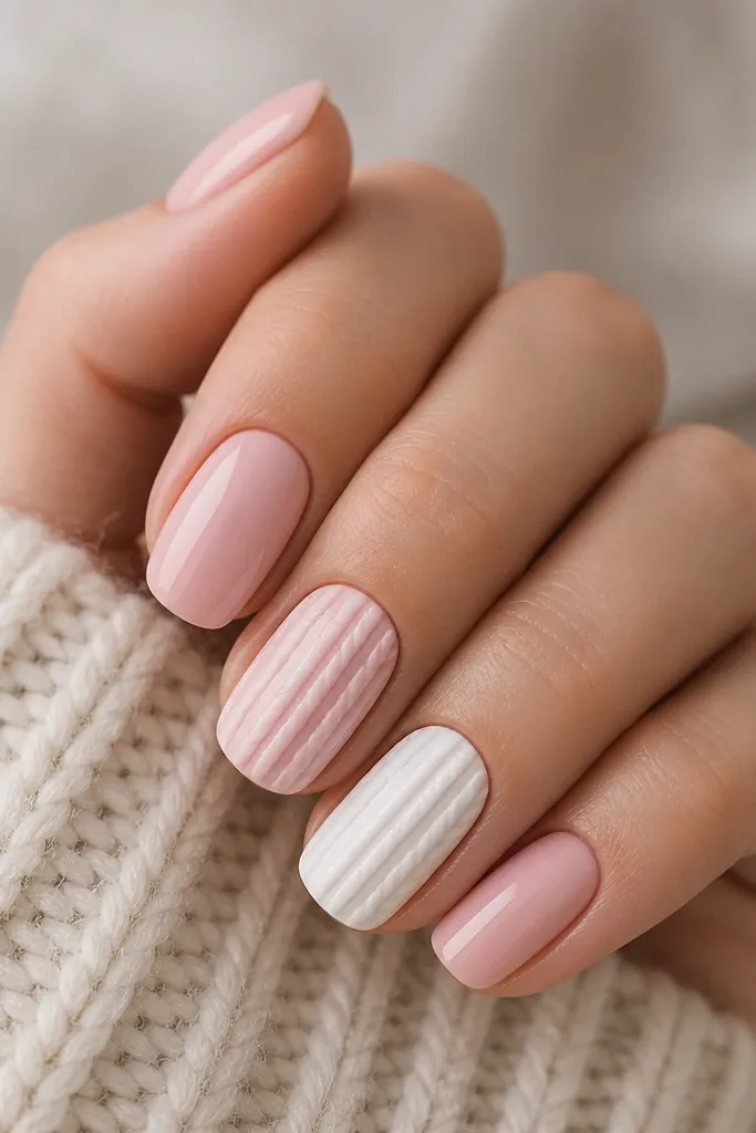 Most nails are solid soft pink glossy. Two accent nails show raised, cable-knit lines in pale pink and white, with a subtle 3D texture that catches the light.