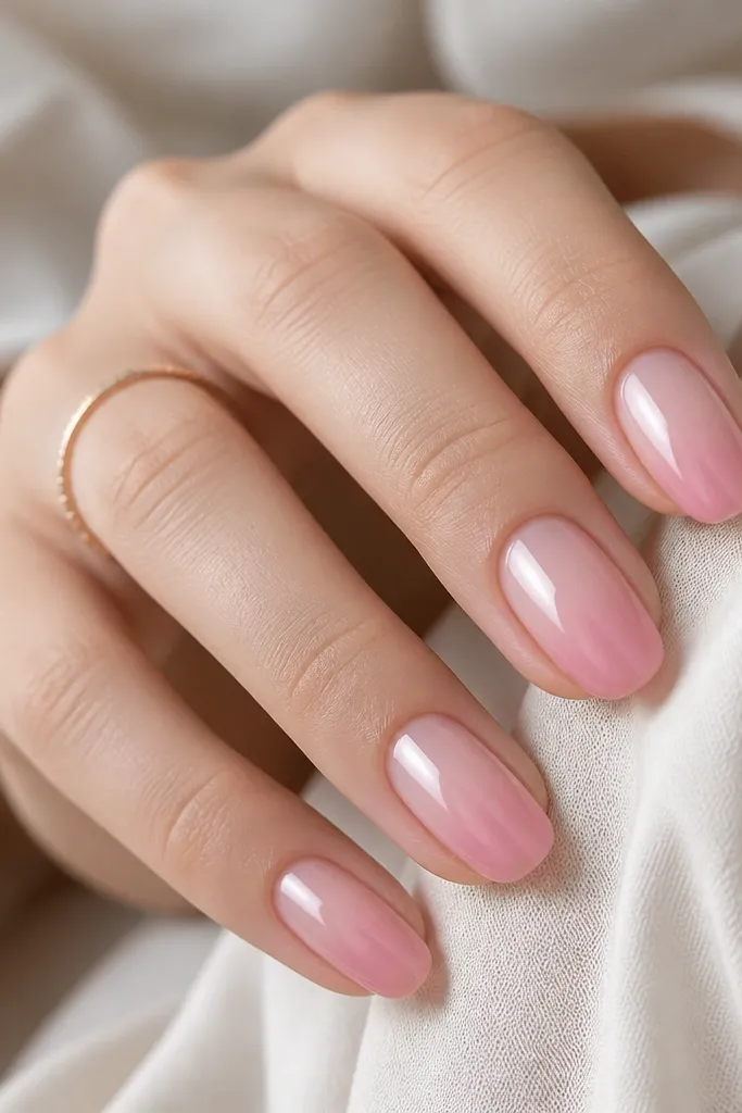 A milky pink gradient fades upward into a lighter, almost clear edge near the tips. The nails look smooth with a glossy top coat and subtle color transition.