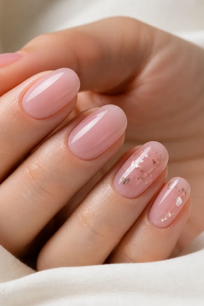 Soft pink nails with a glossy finish. One or two nails have tiny rose-gold foil flakes and small crystal studs arranged like scattered quartz pieces.