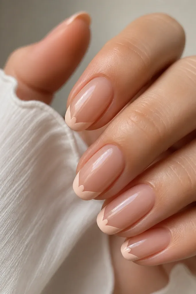 A sheer soft pink nail with a French tip. Instead of a straight line, there are tiny peach wing shapes on both sides of the tip, creating a subtle V shape.