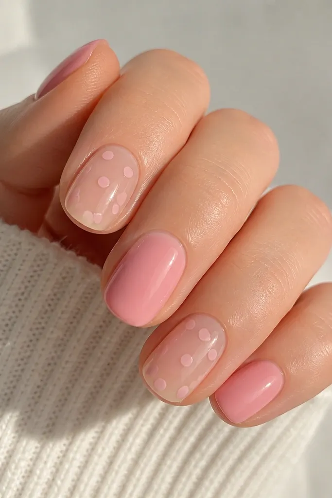 Some nails are mostly clear and glossy with soft pink dots scattered near the center. Other nails are fully soft pink, creating a confetti mix.