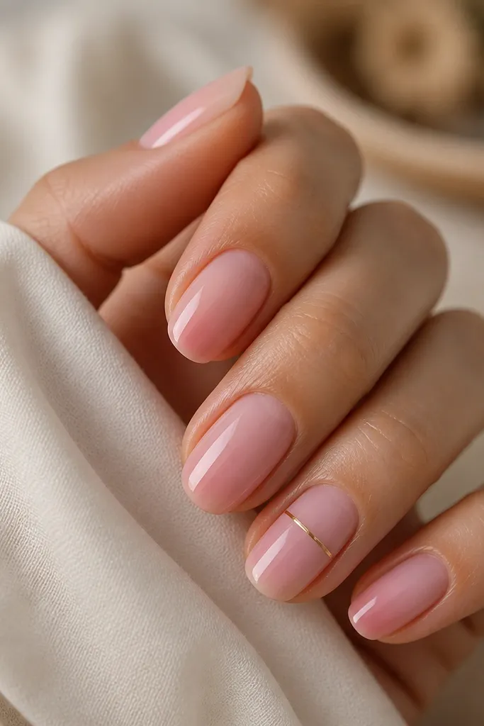 Soft pink nails with a gentle gradient from sheer near the cuticle to slightly deeper pink at the center. A single thin gold line bar sits horizontally across one accent nail.
