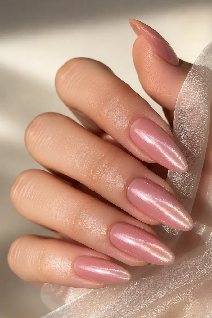 Soft pink cat-eye nails show a subtle glowing stripe in the center. The nails are glossy, with the glow line shifting slightly under the light.