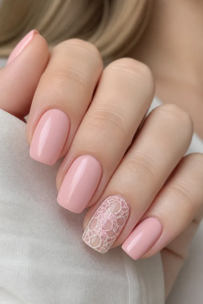 Most nails are solid soft pink glossy. One accent nail has a delicate lace-like outline in white and pale pink near the center, with tiny open loops.