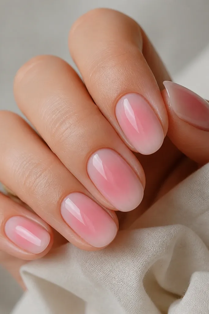 Soft pink nails with an aura effect around the center. The halo looks like a lighter pink ring that fades outward, with a glossy finish.