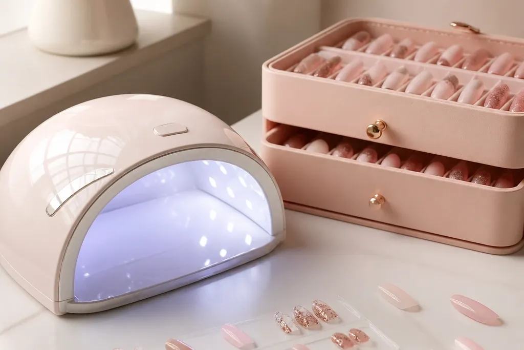 Soft pink nail ideas with storage and lights