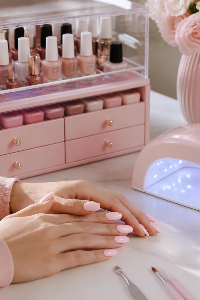 Soft pink nail ideas with storage and lights