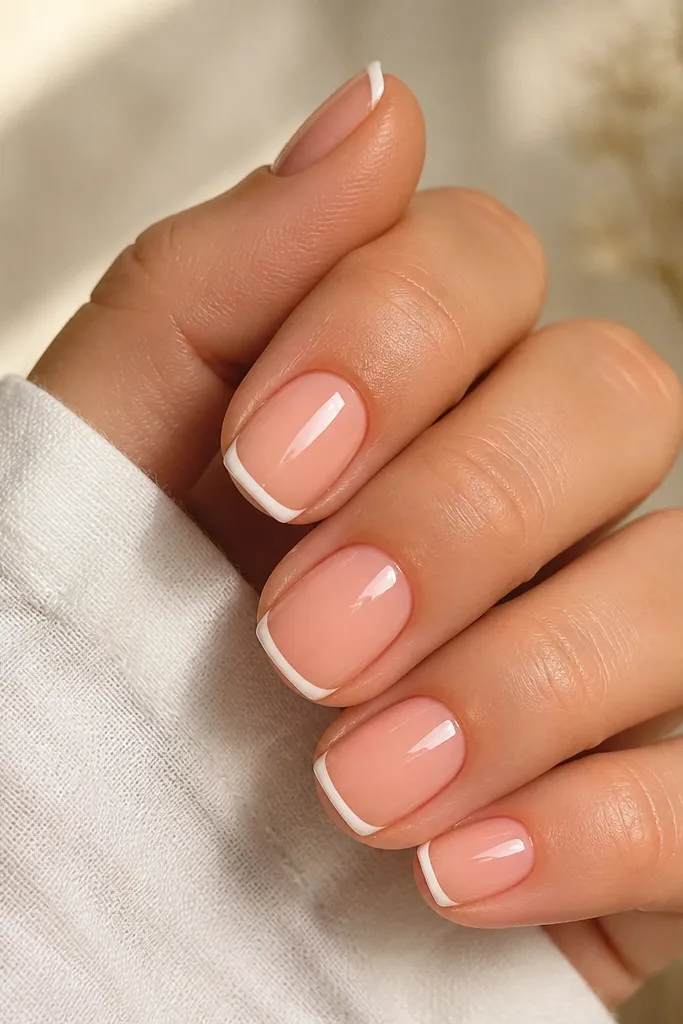 A set of short squoval nails in a warm peachy soft pink base. The French tips are thin and crisp with a 1.5mm "smile line" curve, finished in high-gloss.